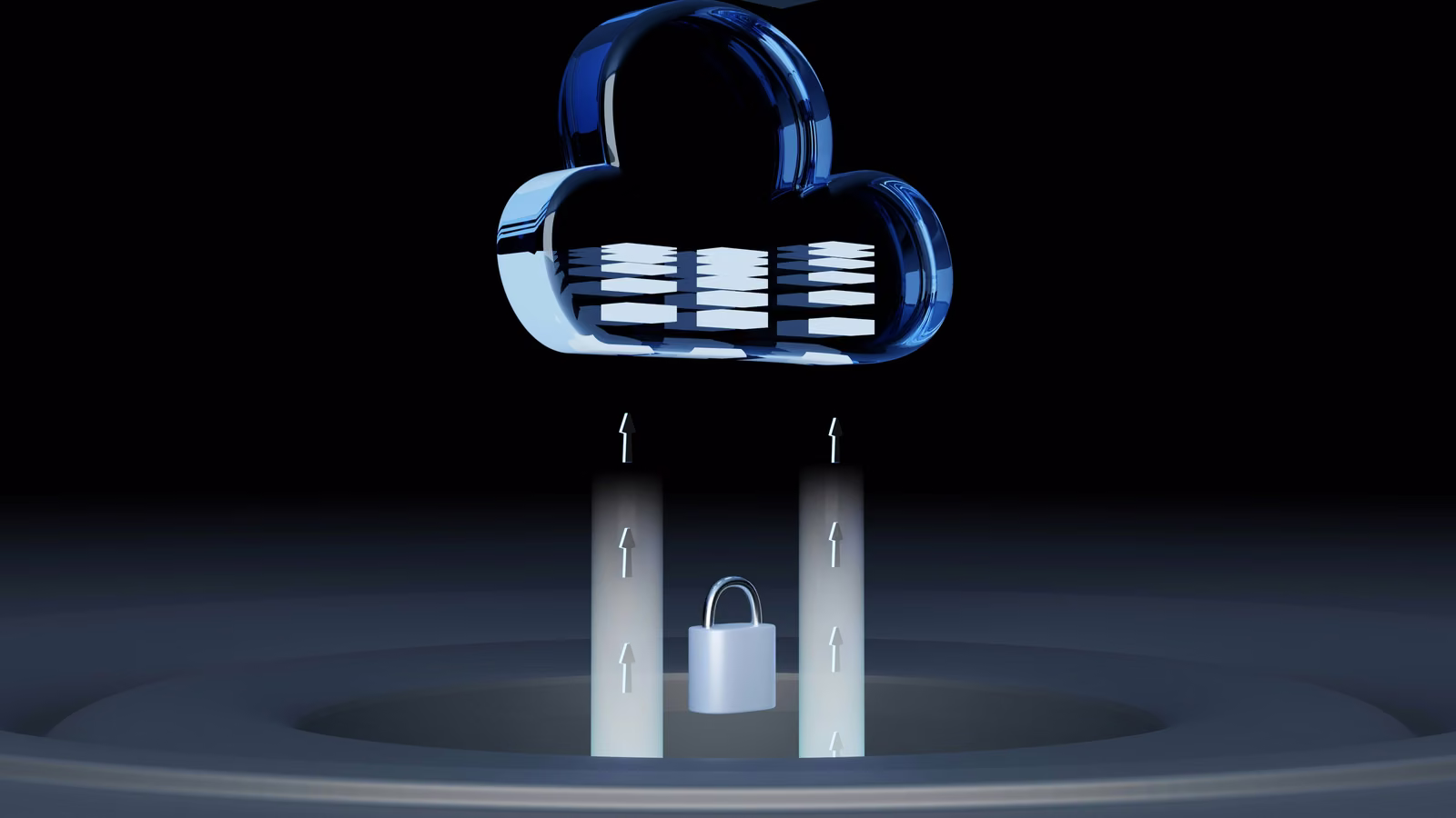 Glass cloud icon holding stacked data layers, with upload arrows rising from a padlock below, representing secure cloud storage