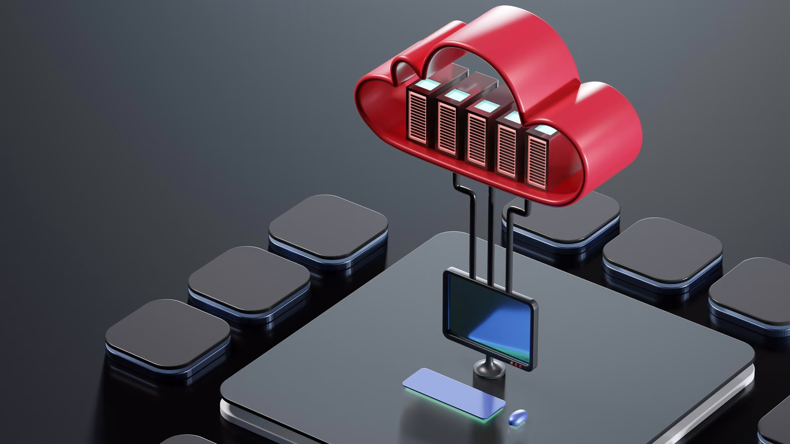 Red 3D cloud holding a row of servers, connected by cables to a computer monitor and keyboard below